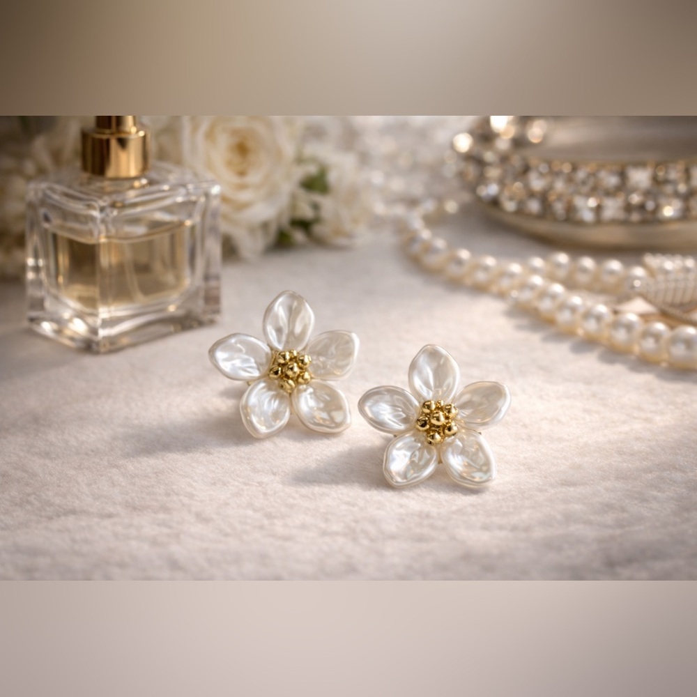 Elegant White and Gold Pearl-like Floral Earrings NWT Chunky Earrings